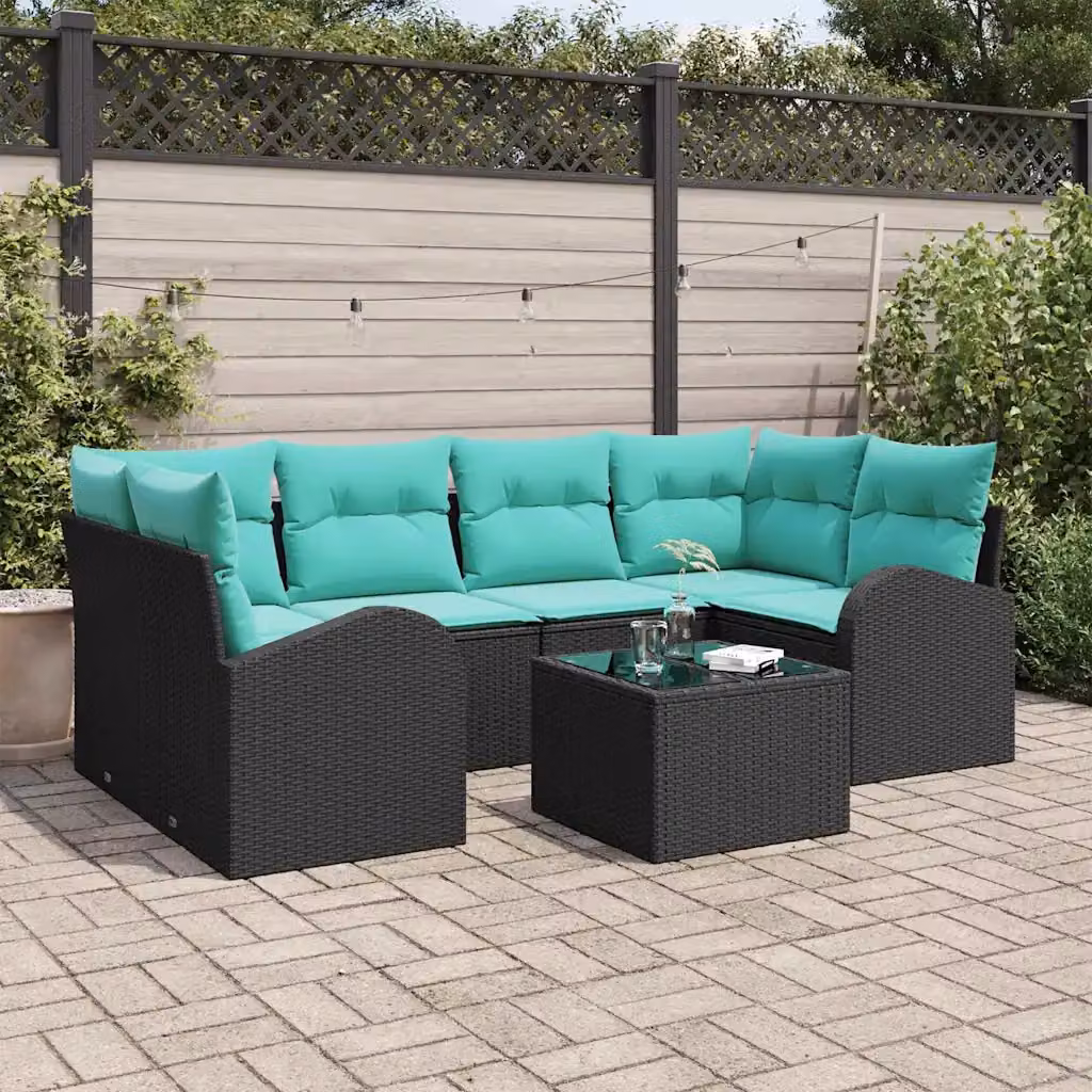 Set Divano da Giardino vidaXL 7 Pezzi a Forma di L con Tavolino, Nero e Turchese