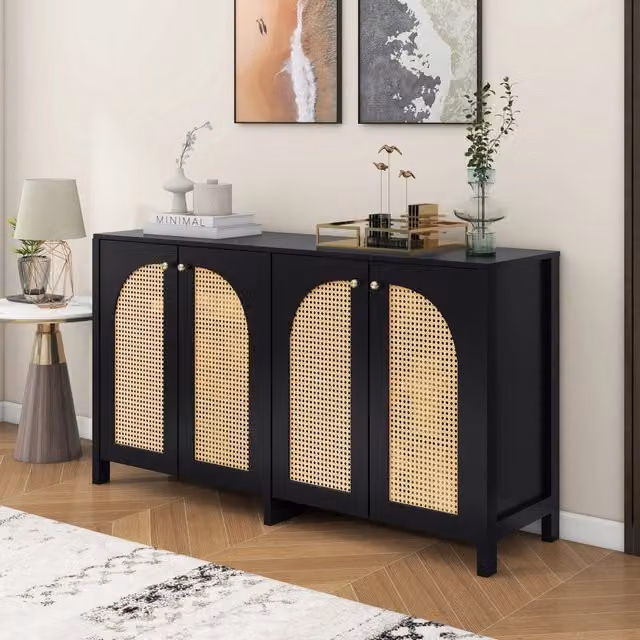 Credenza Moderna con Ante in Rattan e Maniglie in Metallo ¨C Xylo ¨C Nero