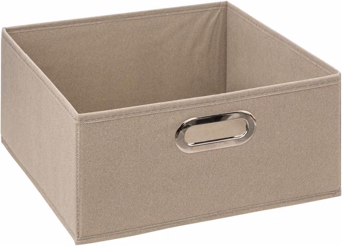 Contenitore beige, 31x31x15 cm, in polipropilene, con maniglia in metallo, per uso domestico
