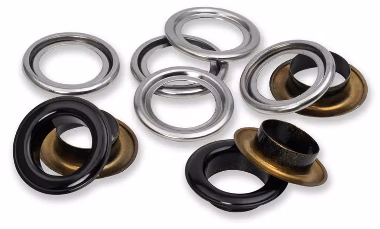 Occhielli con rondelle, diametro 14 mm, 15 pezzi, neri/argento