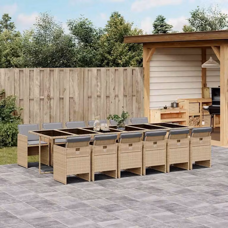 Set Pranzo da Giardino vidaXL 13 pz in Polyrattan con Cuscini Beige e Grigio e Tavolo in Vetro