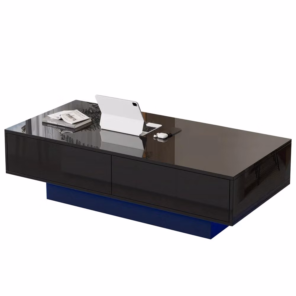 Tavolino da caffè moderno Minimal nero lucido con 2 cassetti e illuminazione LED L: 115 cm, P: 55 cm, H: 34 cm – 2