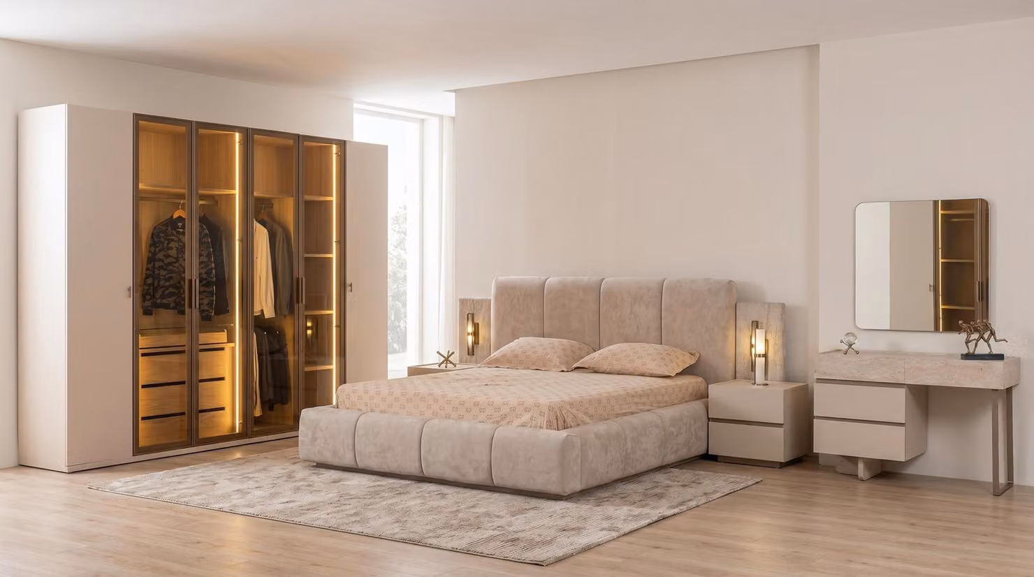 Set per camera da letto moderno, beige, con letto contenitore imbottito, design