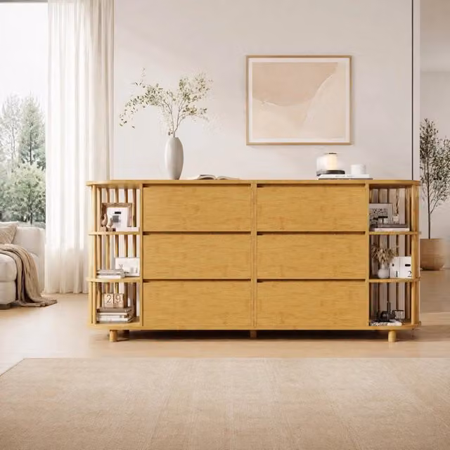 Credenza 160x40x75 cm rovere in MDF e bambù, 6 cassetti e ripiani aperti