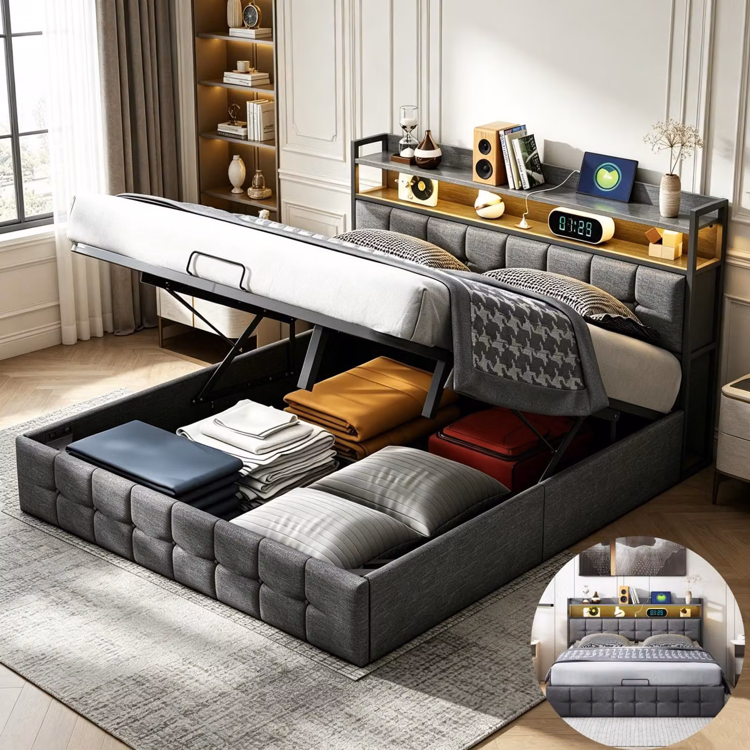 Letto imbottito INONEFT, 140x190 cm, con spazio contenitore, letto matrimoniale con illuminazione LED e porta USB, letto con sistema di sollevamento idraulico, struttura a molle, rivestito in tessuto, colore grigio