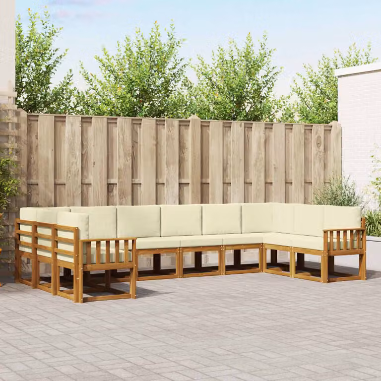 vidaXL Set di divani da esterno componibile a L in legno di acacia con cuscini, Beige, Bianco e Marrone