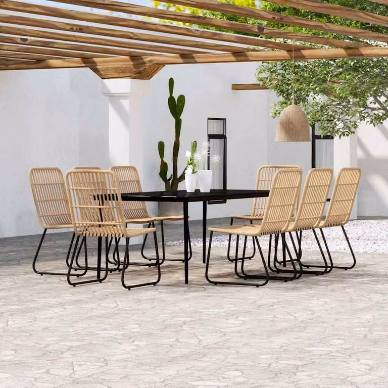 Set da pranzo per giardino e terrazzo vidaXL da 97 pezzi con cuscini, tavolo rettangolare in vetro e struttura in metallo nero e rattan marrone