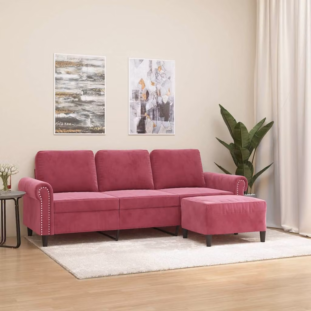 Maison Exclusive - Divano a tre posti con poggiapiedi, rosso vino, 180 cm, in velluto