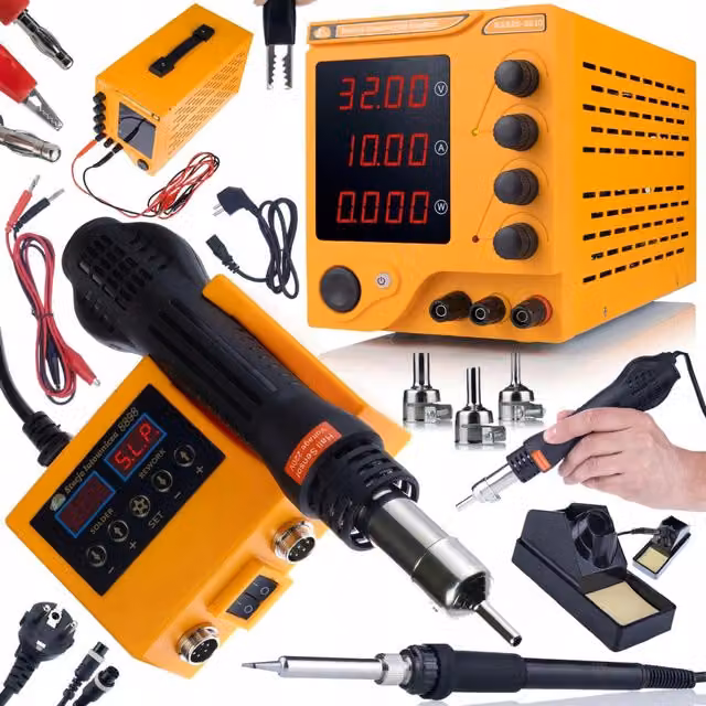 Set 2 in 1 Rosfix OH660 composto da Alimentatore da Laboratorio AmpRush RARES-3210 32V 10A e Stazione Saldante in metallo arancione