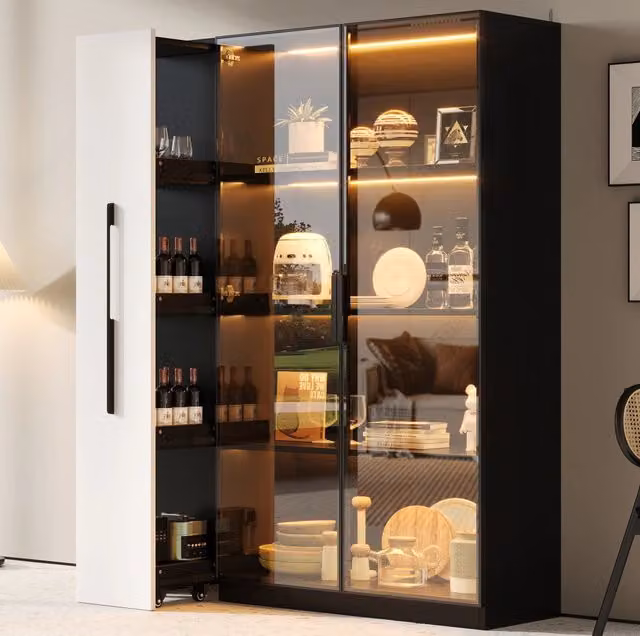 Vetrina LED bianco e nero in MDF e vetro 110,5×35×160 cm