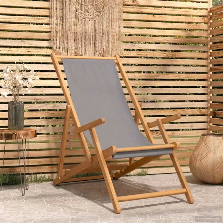 Sedia da spiaggia vidaXL in legno di teak con tessuto resistente ai raggi UV grigio e marrone