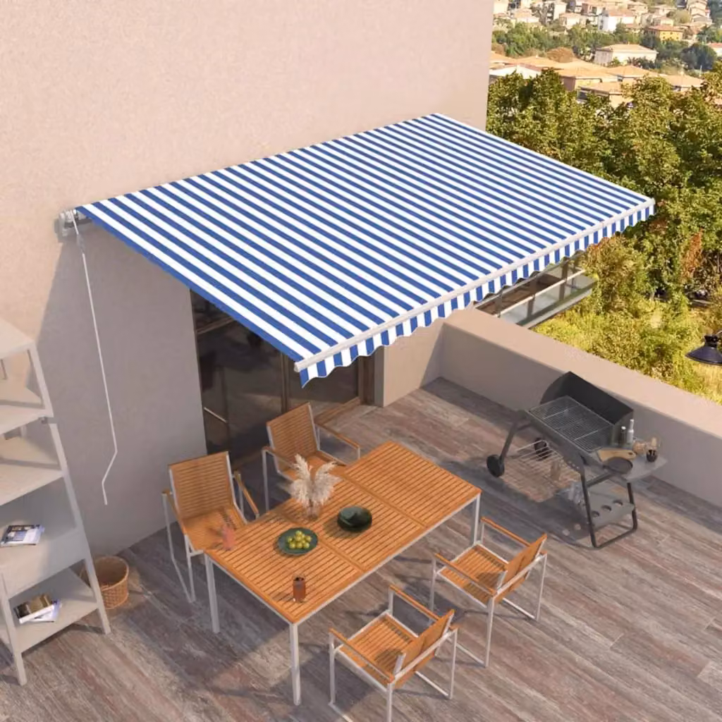 vidaXL Tenda da Sole Retrattile Automatica con Telecomando in Alluminio e Poliestere, L: 500 cm, P: 350 cm, Blu e Bianca