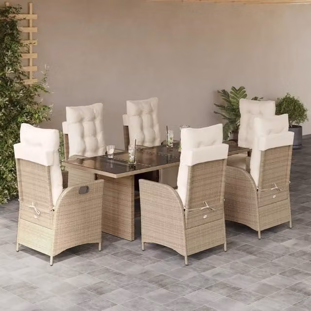 Set da pranzo da giardino vidaXL in polyrattan con cuscini beige e piano in vetro, 7 pezzi – 1