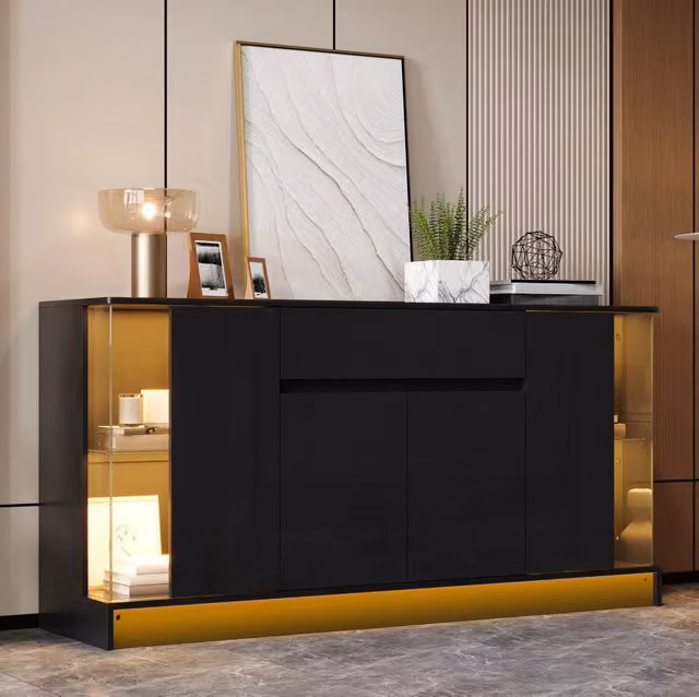 Credenza moderna con 2 vetrine in vetro; LED con app; 150x40x75 cm; nero