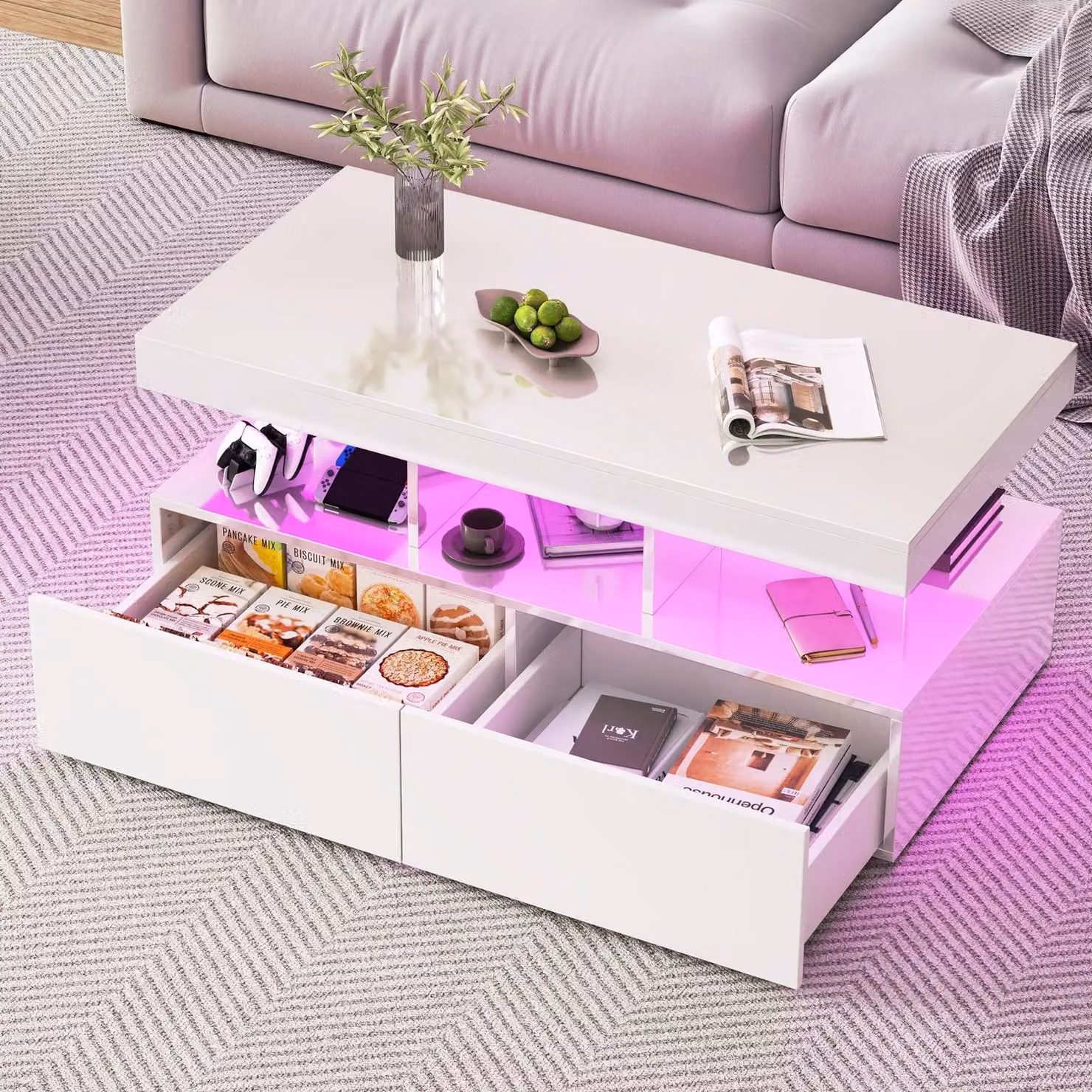 Tavolino da salotto - Tavolino da caffè - Tavolino per il soggiorno - Tavolino ausiliario - Tavolo - Bianco - Finitura lucida - Illuminazione LED - 2 cassetti