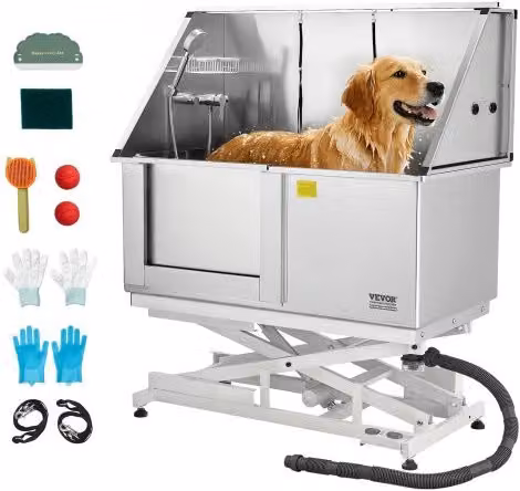 Stazione di lavaggio per cani VEVOR con sollevamento elettrico in acciaio inox color silver, vasca per toelettatura da 127 cm con filtro per acqua e porta sinistra