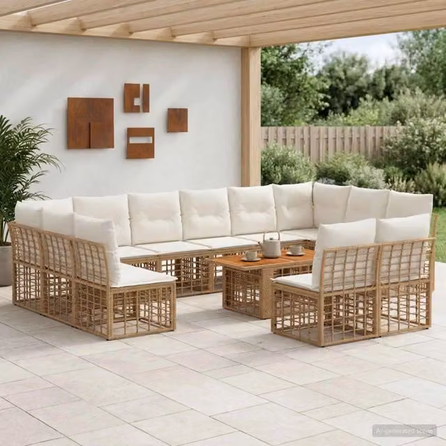 Set Divano da Giardino 13 pz Naturale e Bianco Crema polyrattan 3437916