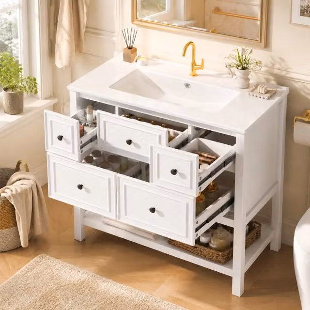 Lavabo da appoggio 76x46,5x82 cm in ceramica integrata, laccato bianco. 5 cassetti con guide silenziose e vani aperti.