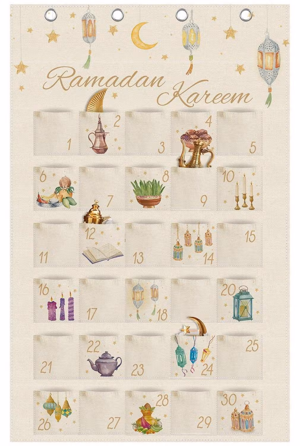 Calendario dell'Avvento per il Ramadan, calendario da parete in tessuto, con 30 tasche, dimensioni 110x70 cm, colore bianco dorato