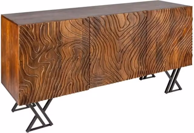 Buffet GAÏA 160 cm in legno di mango massiccio - 3 porte scolpite e piedi in metallo nero