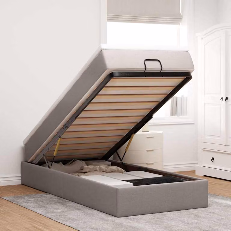 Letto con contenitore a sollevamento e materasso vidaXL in tessuto beige e grigio L/P/H: 90 x 200 x 23,5 cm