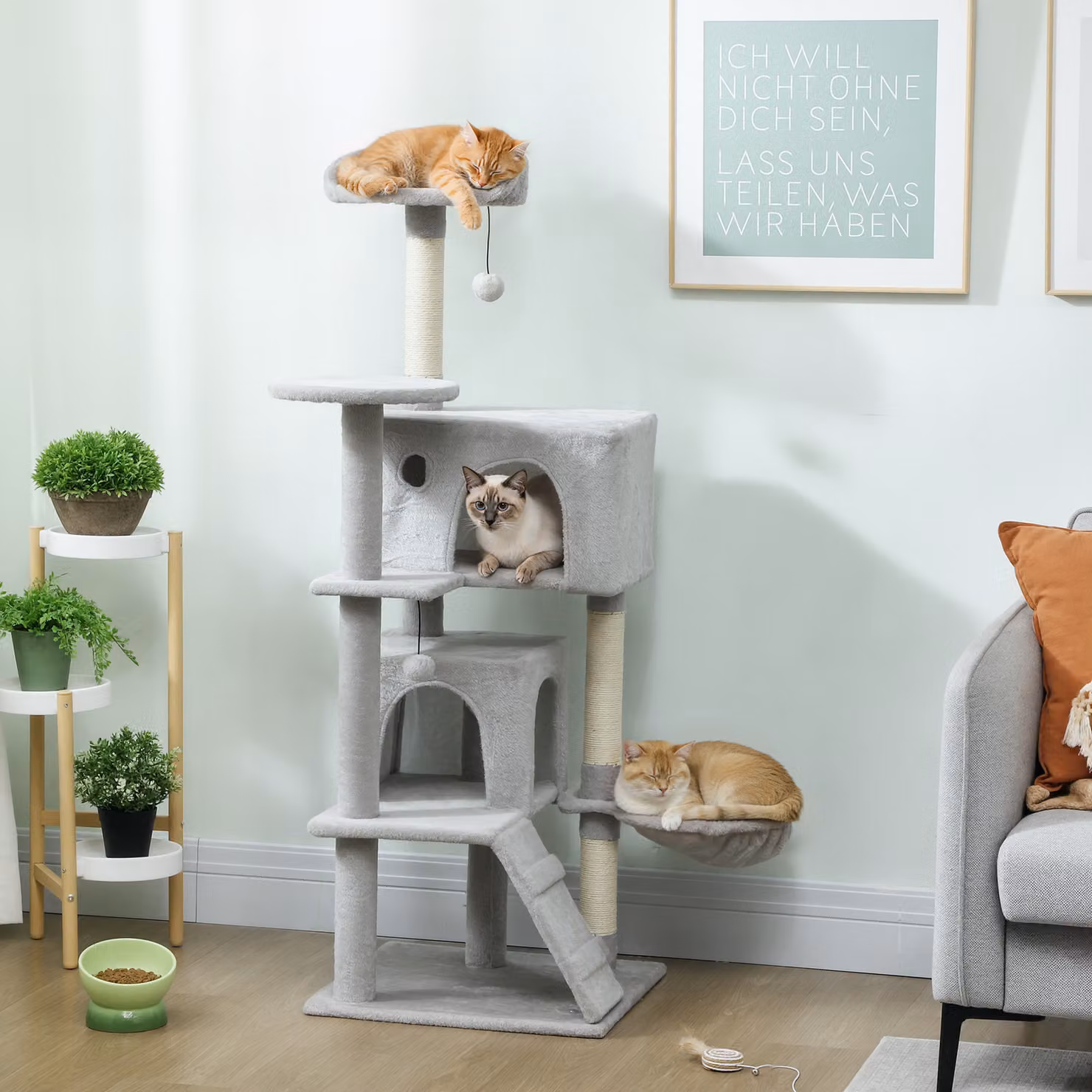 Albero Tiragraffi per Gatti PawHut con 2 Casette, Amaca e Pali in Sisal, Grigio, Altezza: 140 cm – 2
