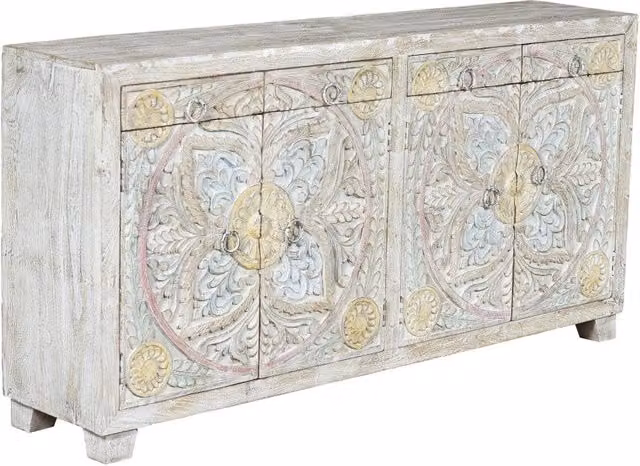 Credenza in legno di mango intagliato con decoro floreale etnico multicolore per il tuo soggiorno – 1