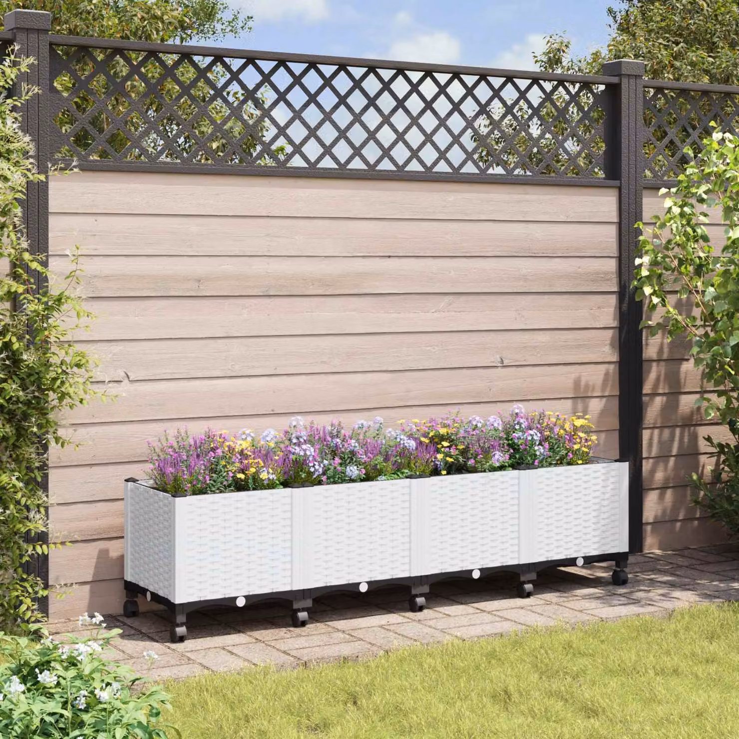 vidaXL Vaso da Giardino con Ruote Bianco in Plastica L: 160 cm, P: 40 cm, H: 44 cm