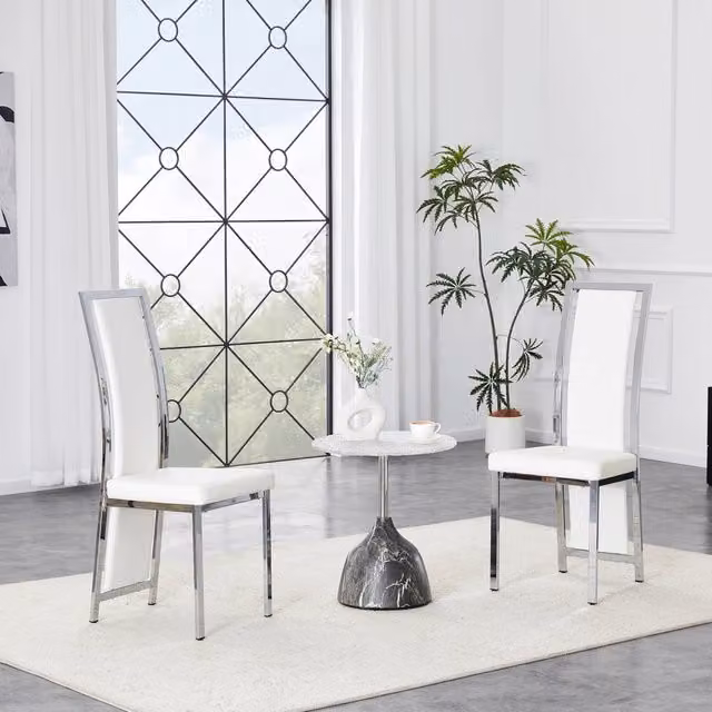 Set di 2 sedie da pranzo ergonomiche in metallo e PU bianco e argento