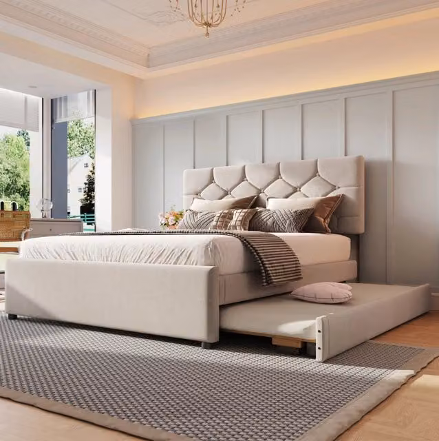 Letto imbottito 140x200 cm con letto estraibile in velluto beige