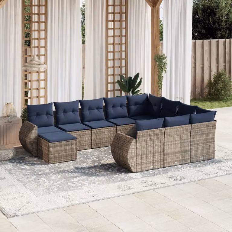 Set di divani da giardino vidaXL in polyrattan da 11 pezzi con cuscini grigi e blu, design moderno a forma di L con tavolo da caffè e struttura in legno di acacia