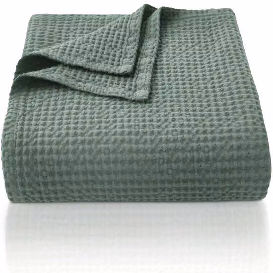 Deken in cotone 100% 220 x 240 cm, morbido e respirante coperta da letto, tessuto a waffle leggero come coperta per divano, coperta morbida e accogliente per salotto, divano, verde