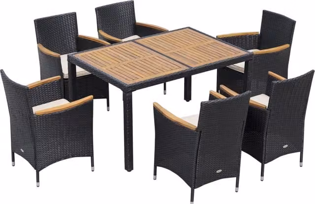 EasyComfort Set Tavolo e Sedie da Giardino 7 Pezzi in PE Rattan e Legno con Cuscini Morbidi, Nero