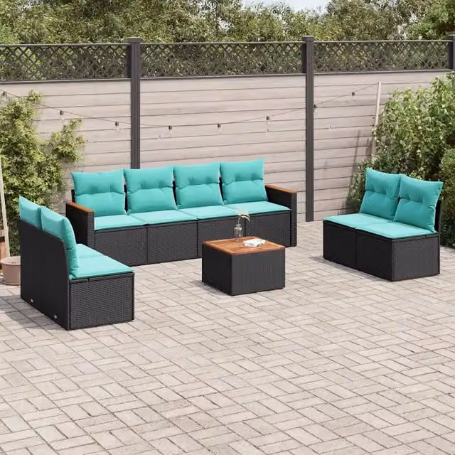 Set Divani da Giardino 9 pz con Cuscini Nero in Polyrattan 3225896