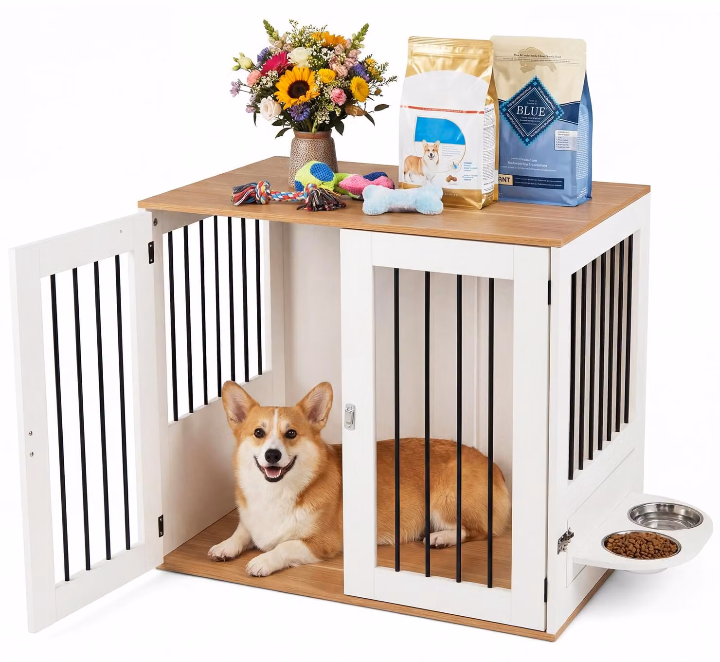 COSTWAY Gabbia per cani, gabbia con ciotole girevoli a 360°, armadio per cani con porta chiudibile a chiave, cuccia, tavolino, bianco