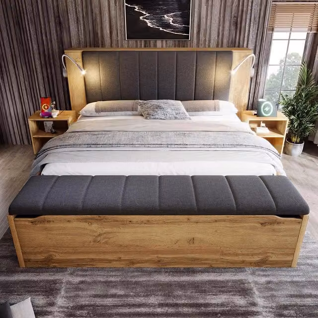 Letto matrimoniale in legno - Xylo - 160x200 cm - Colore quercia - Testiera ribaltabile, contenitore, comodini, lampade USB