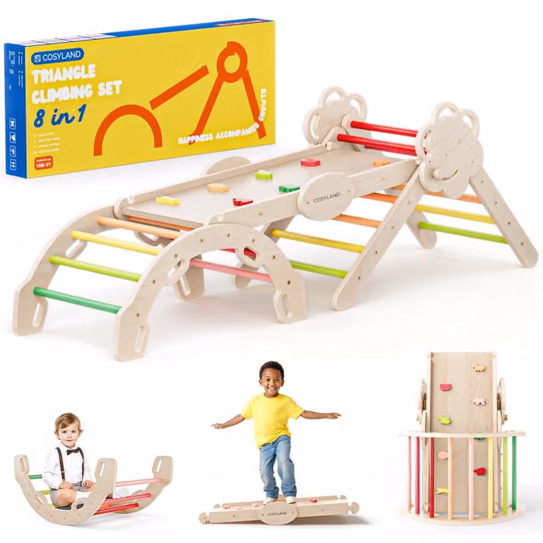 COSYLAND, struttura da gioco multifunzione 8-in-1 per interni, modello L – Grande set a forma di triangolo per arrampicata, con parete da arrampicata