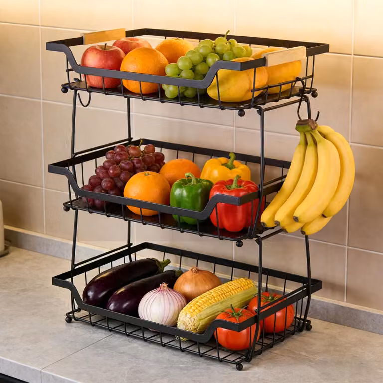 Cesto per frutta di grande capacità, con 3 ripiani, design modulare, realizzato in griglia metallica, ideale per organizzare frutta e snack, salvaspazio, perfetto come scaffale per frutta