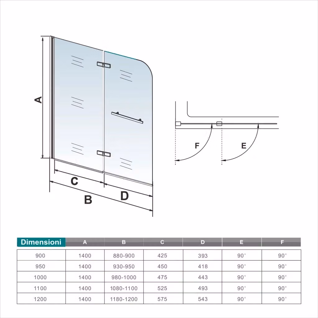 Paravento per vasca da bagno Aica Italy con due ante mobili, vetro temperato trasparente da 6 mm e maniglia portasciugamani, L: 140 cm, P: 100 cm – 2