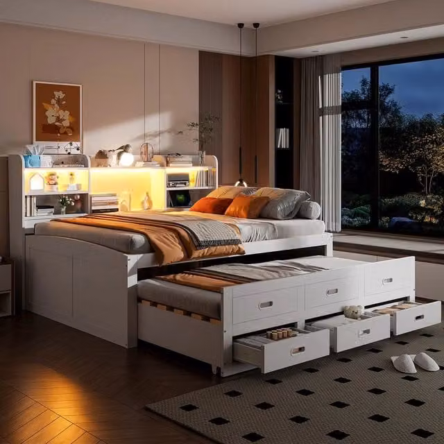 Letto Contenitore Estraibile con LED e Cassetti ¨C MINIMAL ¨C Bianco 140x200