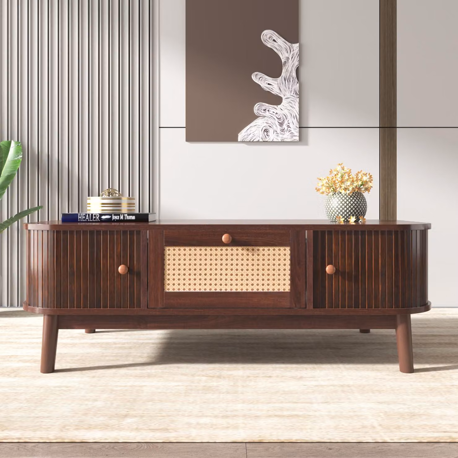 Tavolino in stile country, 110 x 55 x 38,5 cm - Tavolino con cassetti e ante in rattan - Marrone