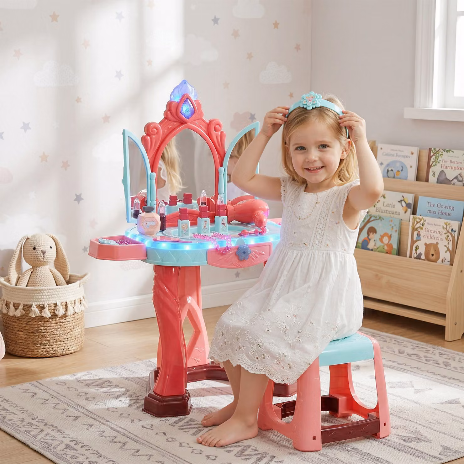 AIYAPLAY Tavolino Toeletta per Bambine con Sgabello, Specchio, Luci e Accessori, Multicolore, L: 57 cm, P: 34 cm, H: 76 cm – 2