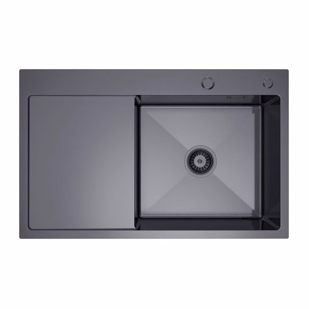 VBChome Lavello da cucina 78×49 cm in acciaio inossidabile color grafite con sgocciolatoio a sinistra – Lavello a vasca singola da incasso, profondità 21 cm, mobile sottolavello minimo 50 cm