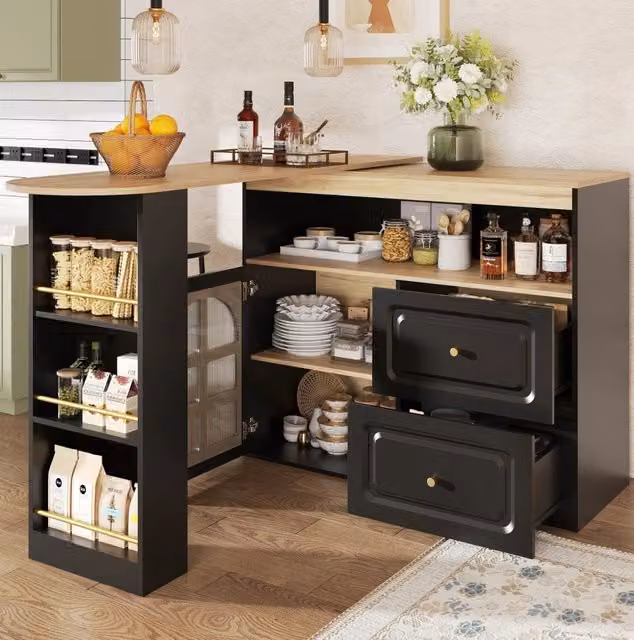 Mobile bar ULEVR girevole 360¡ã estensibile 138-204 cm con 2 cassetti, ripiani e anta in vetro, nero
