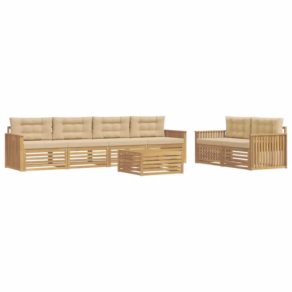 Set di divani da esterno vidaXL a forma di U in legno di acacia con tavolino e cuscini, Bianco e Beige – 2
