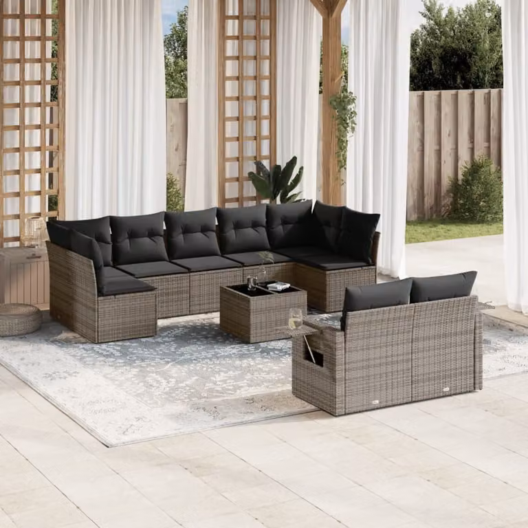 Set Divano da Giardino vidaXL 10 pz in Polyrattan Grigio con Cuscini e Tavolino