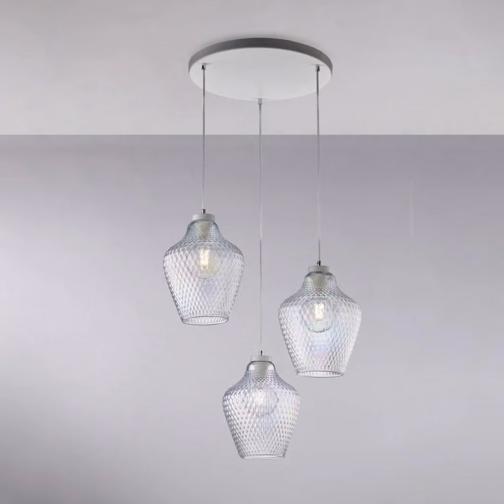 Lampada a sospensione Maya BELIGHT con 3 luci in ferro bianco e vetro soffiato trasparente iridato – 2