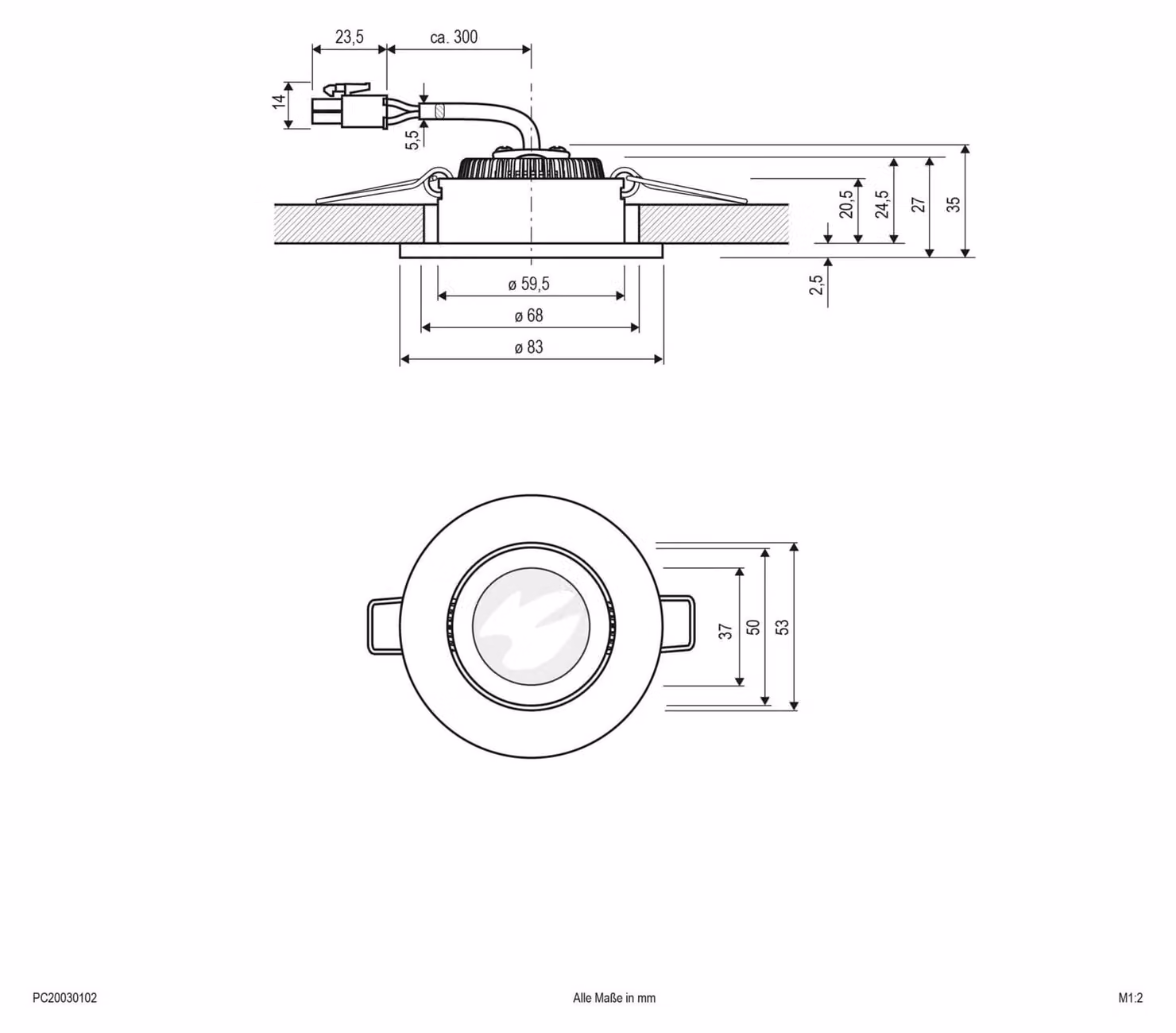 EVN P-LED da incasso a soffitto, rotonda e orientabile, bianca, IP20, 350 mA, 3 W, 3000 K, 300 lm, 90 Ra, diametro di incasso 68 mm