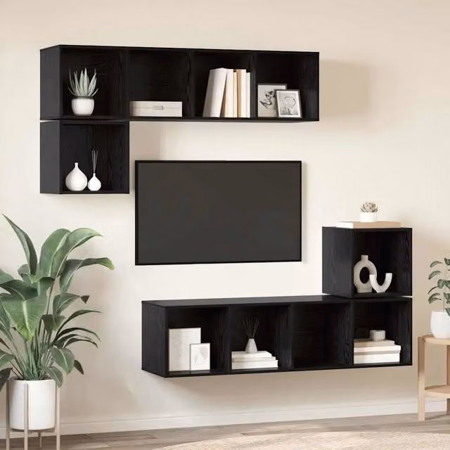Set mobile TV 4 pz-Set di 4 Credenza per TV Rovere Nero Legno multistrato 176875