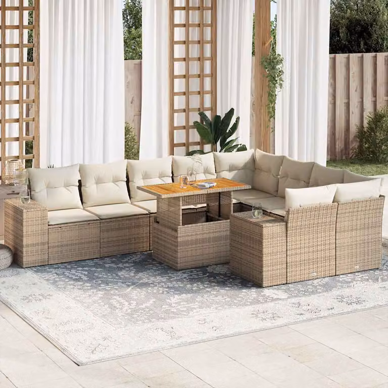 Set da giardino vidaXL in polyrattan con cuscini beige e tavolo da caffè, design moderno a forma di L per esterno